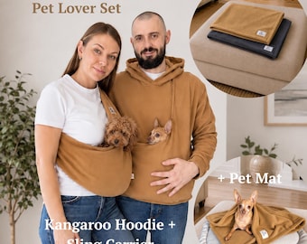 Caramel Fleece Pet Kangaroo Hoodie Set, Puppy Carrier Hoodie, Puppy Blanket & Sling, Cozy Dog Mom Gift, Small Pet Carrier