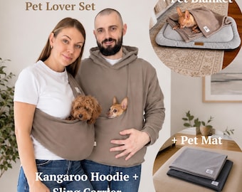 4 Piece Fleece Dog Mom Gift Set, Kangaroo Hoodie, Dog Sling Carrier, Pet Blanket & Dog Mat, Small Dog Gift Bundle, Taupe Sling