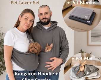 Gray Fleece Pet Blanket & Dog Mat Set, Hands Free Pet Carrier, Puppy Hoodie, Small Dog Sling, Cozy Pet Gift Set