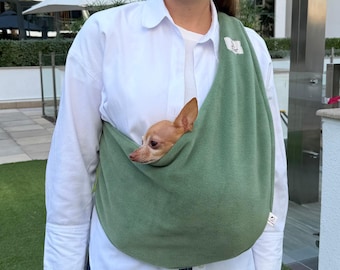 Olive Green Fleece Pet Carrier Sling, Hands-Free Small Dog & Cat Sling, Cozy Winter Pet Carrier, Custom Size Available