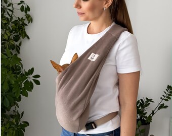 Secure Taupe Fleece Dog Sling Carrier, Neutral Hands Free Pet Carrier for Small Dogs, Minimalist Puppy Sling with Safety Strap, Cat Carrier