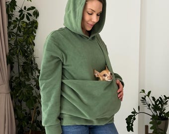 Kangaroo Pet Pouch Sweatshirt, Small Dog & Cat Carrier, Olive Fleece Dog Carrier Hoodie, Chihuahua Carrier, Cat Sling, Pet Lover Hoodie