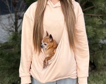 Beige Pet Carrier Hoodie, Cotton Kangaroo Pouch Sweatshirt for Small Dogs & Cats, Neutral Unisex Hoodie