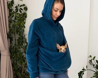 Kangaroo Dog Hoodie, Blue Fleece Pet Carrier Hoodie, Pet Pouch Sweatshirt, Small Dog Holder, Cat Carrier Hoodie, Handmade Cat Sling