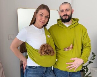 Dog Mom & Dog Dad Gift Set, Unisex Kangaroo Hoodie and Cotton Dog Sling Carrier, Matching Couple Outfit, Puppy Carrier for Small Dogs