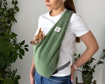 Secure Olive Green Dog Sling, Security Fleece Pet Carrier for Small Dogs, Hands Free Travel Carrier with Waist Strap, Outdoor Dog Bag