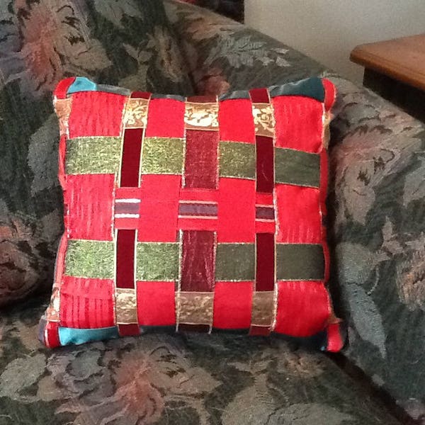 Holiday Christmas Pillow woven from upcycled ribbons