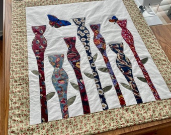 Bow Tie Necktie art quilt with flowers and butterflies