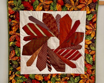 Necktie Wreath and Autumn Leaves wall art quilt table topper