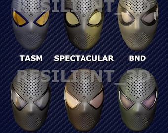 May include: Six grey, perforated full-face masks with distinct eye lens designs. Labels include TASM, SPECTACULAR, BND, 2007, 2002, and 2004-2007. Each mask features a textured, dotted surface pattern and a small logo on the forehead area.