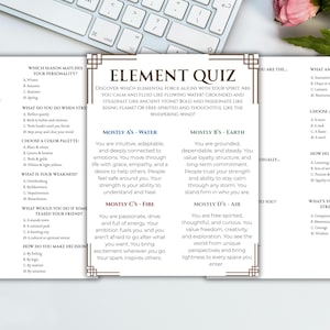 May include: A printed Element Quiz sheet with questions about personality, color palettes, and weaknesses. The quiz is designed to help discover which elemental force aligns with your spirit. The sheet is on a white surface.