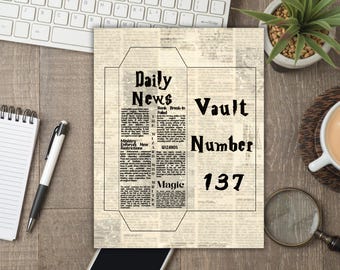 May include: A printed paper with a newspaper-style design, featuring the headline "Daily News" and the words "Vault Number 137." The design includes text and a decorative border, with a vintage aesthetic. A pen, notepad, and keyboard are visible.