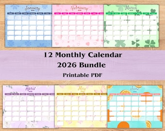 May include: A 12-month calendar bundle for 2026, with each month featuring a unique design. January has snowflakes, February hearts, March clovers, April floral, May butterflies, and June oranges. The text "Printable PDF" is also included.