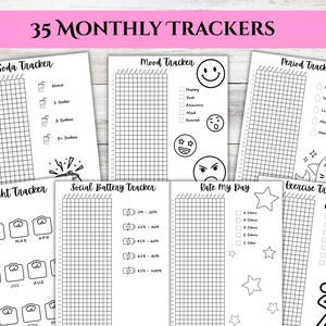 Peut inclure: Plusieurs trackers mensuels imprimables, avec des thèmes tels que la consommation de soda, l'humeur, les règles, le poids, la batterie sociale et l'exercice. Chaque tracker présente une grille avec des icônes et des étiquettes. Le titre "35 MONTHLY TRACKERS" est affiché en haut.