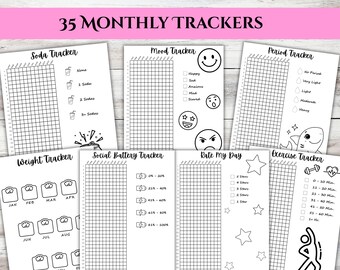 May include: A collection of printable monthly trackers with various themes, including soda, mood, period, weight, social battery, and exercise. Each tracker features a grid layout with corresponding icons and labels for easy tracking. The title "35 MONTHLY TRACKERS" is displayed at the top.