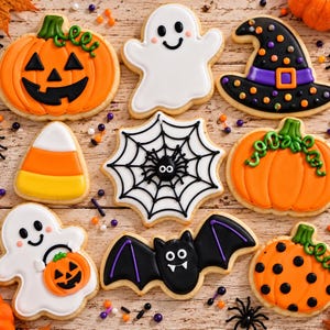 May include: A collection of Halloween-themed sugar cookies featuring a jack-o'-lantern, a white ghost, a black witch hat with purple trim, candy corn, a spider web with a spider, a pumpkin, a ghost holding a pumpkin, a bat, and a polka-dot pumpkin.
