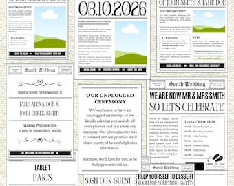 Paquete de papelería nupcial con diseño de periódico, plantillas editables de Canva, invitaciones de boda, letreros, menús y nombres de mesas.