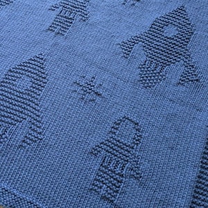 May include: Blue knitted blanket featuring a repeating pattern of rockets, astronauts, and stars. The design is created with a darker blue yarn, contrasting against the lighter blue background. The blanket has a textured appearance.