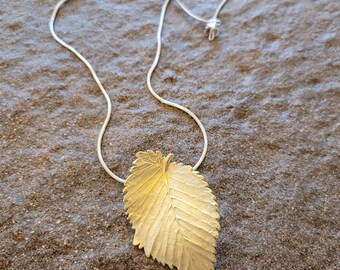 Pendant, chain, leaf, silver, sterling silver gold plated, snake chain, necklace, collier, handmade, goldsmith's work, tree leaf