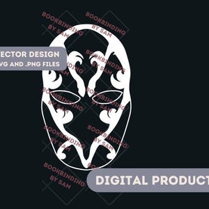 Op de afbeelding: Een wit vectorontwerp van een masker op een zwarte achtergrond. Het masker heeft een symmetrisch ontwerp met gebogen lijnen en vormen. Tekst op de afbeelding is "VECTOR DESIGN .SVG AND .PNG FILES" en "DIGITAL PRODUCT". De afbeelding bevat ook de tekst "BOOKBINDING BY SAM".