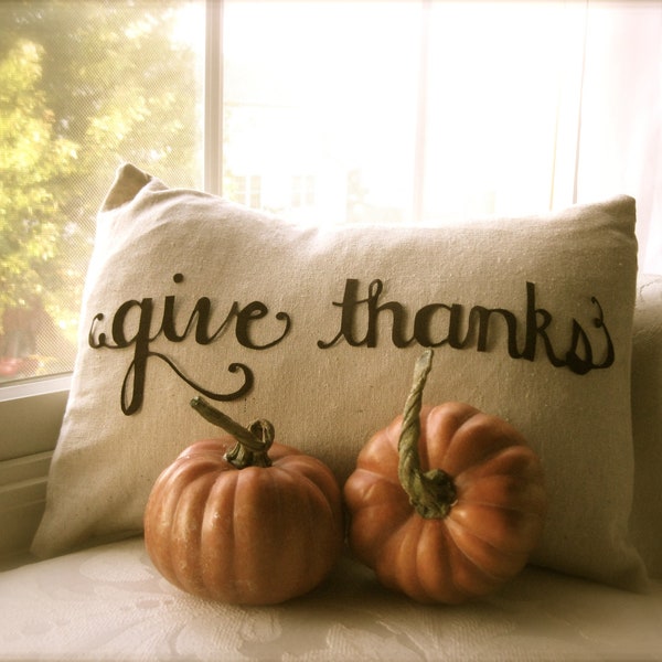 Give Thanks Scripted Thanksgiving Pillow Cover in Natural Linen