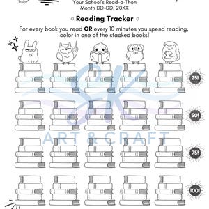 May include: A black and white reading tracker with the text "WILD ABOUT READING!" and "Reading Tracker". The tracker features stacks of books with cartoon animals on top, designed for tracking reading progress. Includes spaces for name and class.