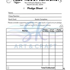 May include: A white pledge sheet with the text "WILD ABOUT READING!" and "Pledge Sheet". It includes sections for name, class, book goal, and pledge details. Decorative owl and star illustrations are present.