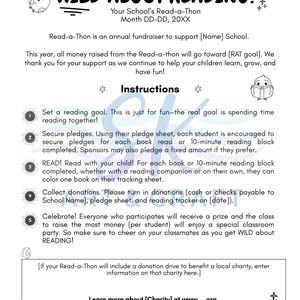 May include: A school Read-a-Thon flyer with the title "WILD ABOUT READING!". It features instructions, owl illustrations, and stars. The flyer details how to set reading goals, secure pledges, and collect donations for the fundraiser.