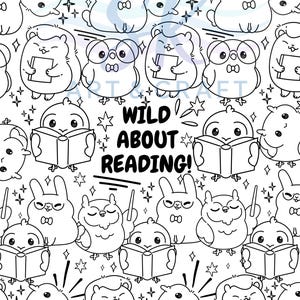 May include: Monochrome illustration with a repeating pattern of cartoon animals, such as rabbits, owls, birds, and hedgehogs, reading books. The text "WILD ABOUT READING!" is centrally positioned within the design.