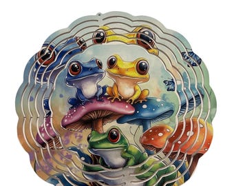 Frog and mushroom colorful wind spinners, outdoor spinners, Frog lover gifts, cute frog and mushroom wind spinners