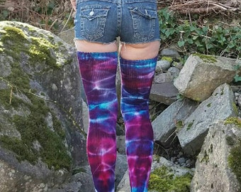 Turquoise, pink and purple tie-dye thigh high socks