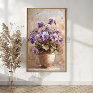 May include: A painting of a bouquet of purple pansies in a brown ceramic vase. The flowers are arranged in a loose, natural style, and the vase is decorated with a simple, elegant design.