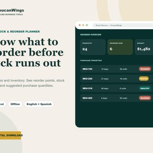 May include: A digital smart stock and reorder planner by ToucanWings. The interface displays a reorder overview with product counts, budget, and purchase priorities for SKUs. Features include CSV and Excel compatibility, offline access, and English plus Spanish language support.