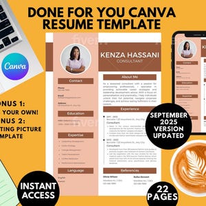 May include: A digital resume template with a peach and brown color scheme, displayed on a laptop, phone, and printed page. The template includes sections for contact information, education, and experience. The text reads "Done for You Canva Resume Template."