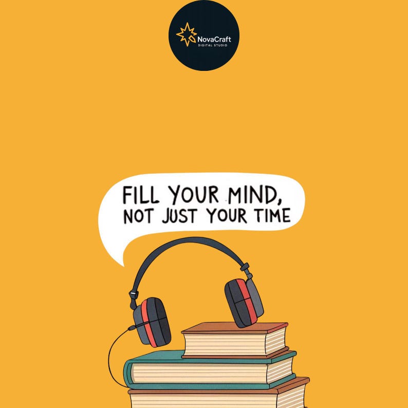 May include: Illustration with a yellow background featuring a stack of books, a pair of headphones, and a speech bubble with the text "FILL YOUR MIND, NOT JUST YOUR TIME." A logo for NovaCraft Digital Studio is in the top left corner.