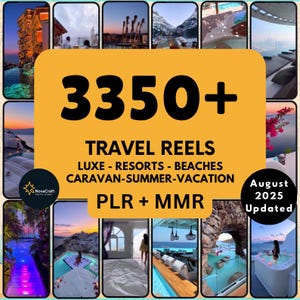 May include: A collage of travel-themed images, featuring luxury resorts, beaches, and vacation spots. The central element is a yellow banner with the text "3350+" and "TRAVEL REELS". Additional text includes "LUXE - RESORTS - BEACHES" and "August 2025 Updated".