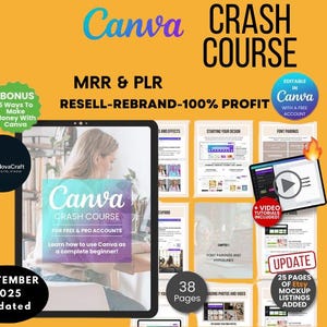Puede incluir: Gráfico naranja con el texto "Canva Crash Course" y "MRR & PLR Resell-Rebrand-100% Profit." Incluye una tableta con el logotipo de Canva y una mujer usando Canva. También incluye "+Bonus 5 Ways To Make Money With Canva."