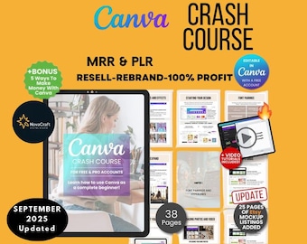 May include: An orange graphic with the text "Canva Crash Course" and "MRR & PLR Resell-Rebrand-100% Profit." Includes a tablet with the Canva logo and a woman using Canva. Also includes "+Bonus 5 Ways To Make Money With Canva."