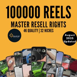Puede incluir: Una imagen con el texto "100000 REELS MASTER RESELL RIGHTS 4K QUALITY | 32 NICHES" en fuente negra sobre un fondo amarillo. La imagen también incluye un logotipo y el texto "August 2025 Updated". Debajo, varios teléfonos inteligentes muestran varias imágenes.