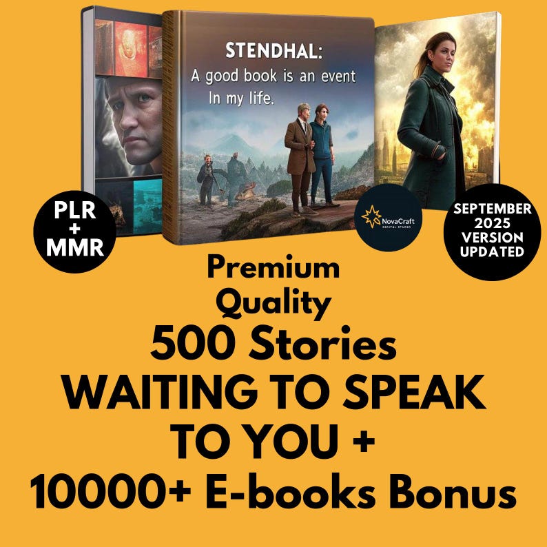 May include: Image of three book covers with the text "STENDHAL: A good book is an event in my life." The image also includes the text "Premium Quality 500 Stories WAITING TO SPEAK TO YOU + 10000+ E-books Bonus."