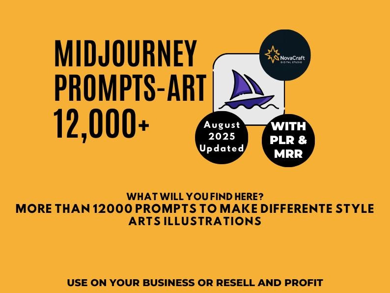 Puede incluir: Imagen amarilla que promociona prompts de Midjourney para arte. El texto principal es "MIDJOURNEY PROMPTS-ART 12,000+". Tambi&eacute;n incluye "August 2025 Updated" y "WITH PLR & MRR".