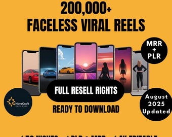 Puede incluir: Anuncio con fondo amarillo que muestra seis smartphones con diferentes imágenes. El texto incluye "200.000+ Faceless Viral Reels", "Full Resell Rights" y "Ready to Download". Texto adicional: "52 Niches", "PLR & MRR" y "4K Editable".