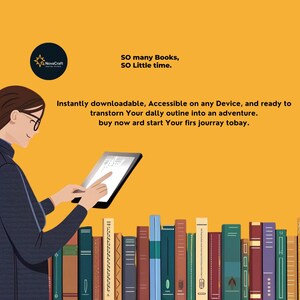 May include: An image with the NovaCraft logo, a person using a tablet, and a row of books. The text reads: "SO many Books, SO Little time. Instantly downloadable, Accessible on any Device, and ready to transtorn Your dally outine into an adventure. buy now ard start Your firs jourray tobay."