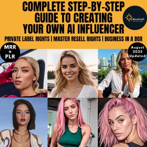 Puede incluir: Gráfico promocional con el texto "COMPLETE STEP-BY-STEP GUIDE TO CREATING YOUR OWN AI INFLUENCER." Incluye imágenes de mujeres y el texto "PRIVATE LABEL RIGHTS | MASTER RESELL RIGHTS | BUSINESS IN A BOX." El gráfico también incluye el texto "August 2025 Updated."