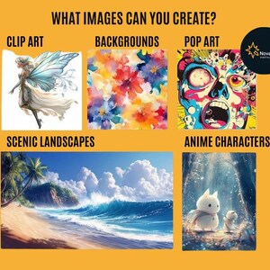 Puede incluir: Una imagen con el texto "&iquest;QU&Eacute; IM&Aacute;GENES PUEDES CREAR?" muestra ejemplos de Clip Art, Fondos, Pop Art, Paisajes esc&eacute;nicos y Personajes de anime. Los ejemplos incluyen un hada, flores coloridas, una calavera pop art, una escena de playa y personajes de anime. Un logotipo de NovaCraft est&aacute; en la esquina superior derecha.