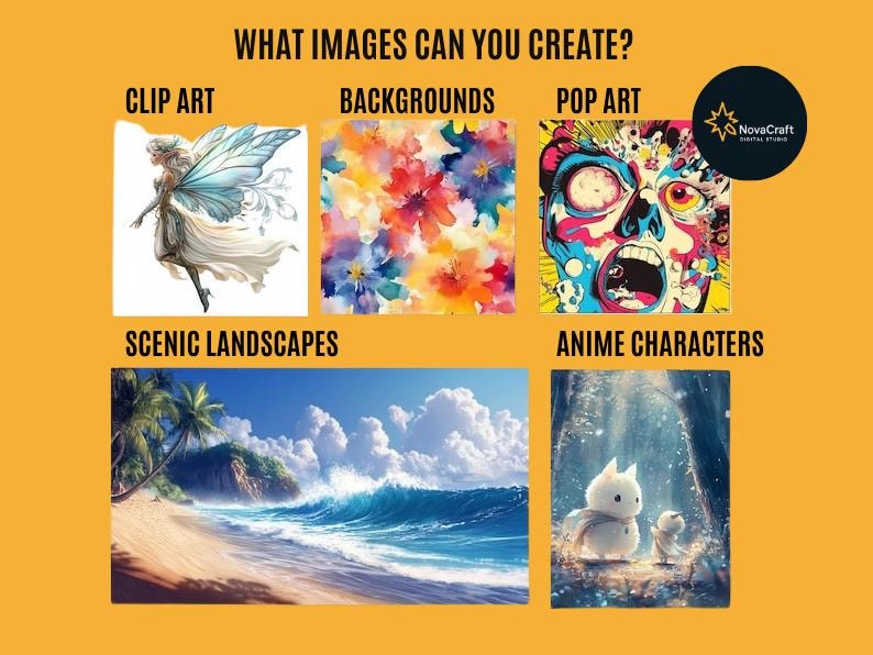 Puede incluir: Una imagen con el texto "&iquest;QU&Eacute; IM&Aacute;GENES PUEDES CREAR?" muestra ejemplos de Clip Art, Fondos, Pop Art, Paisajes esc&eacute;nicos y Personajes de anime. Los ejemplos incluyen un hada, flores coloridas, una calavera pop art, una escena de playa y personajes de anime. Un logotipo de NovaCraft est&aacute; en la esquina superior derecha.
