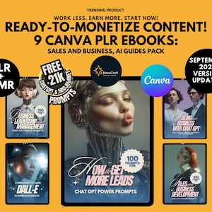 Puede incluir: Anuncio de 9 eBooks Canva PLR sobre ventas, negocios y guías de IA. La imagen presenta un fondo amarillo con el texto "Ready-to-Monetize Content!" y "September 2025 Version Updated." Los eBooks cubren temas como liderazgo empresarial y generación de leads.