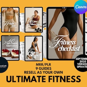 Peut inclure: Un ensemble de produits numériques Ultimate Fitness avec les textes "Weight Loss", "Self Care & Wellness Planning", "High Protein Snack Ideas" et "Fitness Planner". L'image principale présente une "Fitness Checklist". Comprend 9 guides.