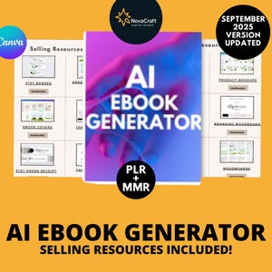 以下が含まれることがあります： 「AI EBOOK GENERATOR SELLING RESOURCES INCLUDED!」のテキストが入った、AI電子書籍ジェネレーターを宣伝するオレンジ色のグラフィック。画像には「SEPTEMBER 2025 VERSION UPDATED」と「PLR + MMR」のテキストが含まれています。追加のテキストには「Canva」と「Selling Resources」が含まれています。