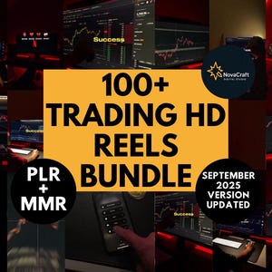 Peut inclure: Un ensemble de produits numériques avec le texte "100+ TRADING HD REELS BUNDLE" sur un fond orange. L'image comprend des captures d'écran de graphiques de trading sur des écrans d'ordinateur, avec les mots "Success" et "PLR + MMR".